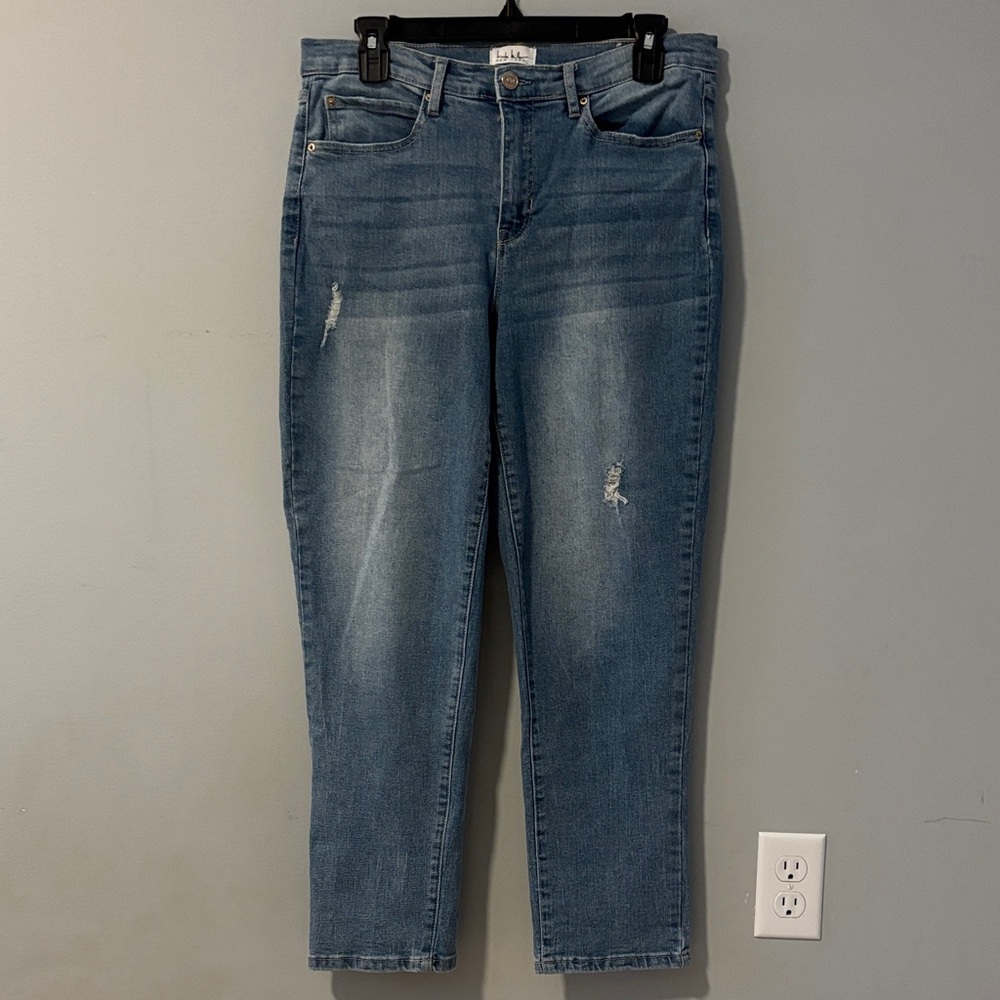 Nicole Miller High Rise Slim Straight Leg Blue Distressed Cropped Jeans